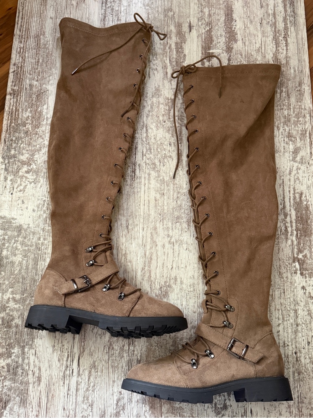 Over-the-Knee Lace-Up Taupe Combat Boots